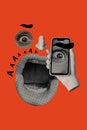 Photo cartoon comics sketch collage picture of face parts screaming aaa modern device isolated orange color background