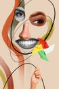 Photo cartoon comics sketch collage picture of funky different face body parts rising toy windmill isolated creative