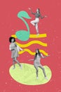 Photo cartoon comics sketch collage picture of funny funky ladies dancing having fun together isolated drawing