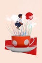 Photo cartoon comics sketch collage picture of funny guy diving big huge vintage cup isolated drawing background