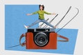 Photo cartoon comics sketch collage picture of happy smiling mini lady jumping tacking photo vintage camera isolated
