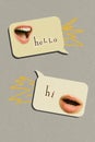 Photo cartoon comics sketch collage of two mouths having friendly dialog isolated grey color background Royalty Free Stock Photo