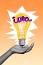 Photo cartoon comics sketch picture of arm holding huge big lightbulb idea letters isolated painting orange background