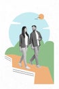 Photo cartoon comics sketch picture of charming couple walking holding hands arms isolated painting background
