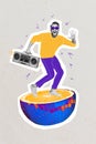 Photo cartoon comics sketch picture of cool miniature guy enjoying boom box dancing isolated drawing background