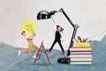Photo cartoon comics sketch picture of funky smiling small kids children putting place light lamp isolated drawing