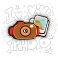 Photo cartoon vector icon. Photo camera and photos with decoration elements on background, icon in fun cartooning style Royalty Free Stock Photo