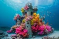 A photo of a castle constructed entirely from corals submerged in the ocean, An enchanting underwater castle made entirely of