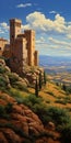 Realist Landscape: Captivating Red Castle Painting On Large Canvas