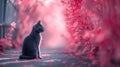 Photo of a cat on the street. Unusual pink foliage backgrounds. Royalty Free Stock Photo