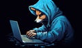 Photo of a cat wearing a hoodie using a laptop