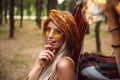 Photo of caucasian hippy woman, wearing stylish accessories look Royalty Free Stock Photo