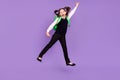 Photo of champion active schoolgirl jump scream goal wear backpack uniform isolated violet color background