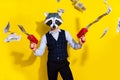 Photo of charismatic authentic guy racoon mask shoot pistol profit money sale trendy party look isolated over yellow