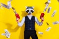 Photo of charismatic character guy racoon mask shoot earnings money pistol stylish look isolated over shine yellow color