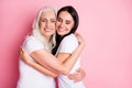 Photo of charming aged mother young daughter two ladies generation hug cozy best friends finally together wear casual