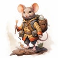 Illustration Of A Mouse With Backpack And Can In Realistic Portrait Style