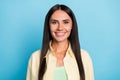 Photo of charming cheerful happy young woman nice beaming smile good mood isolated on blue color background