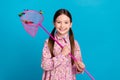 Photo of charming cute daughter holding pink butterfly net catch flying insects positive mood summertime isolated on Royalty Free Stock Photo