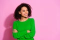 Photo of charming cute woman wear green stylish jumper look empty space isolated on pink color background