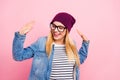 Photo of charming nice cheerful lady dancing like about to be arrested while isolated with pastel background