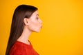 Photo of charming nice cute gorgeous attractive girlfriend kissing emptyspace with lips pouted showing her love tenderly Royalty Free Stock Photo