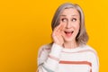 Photo of charming shiny lady pensioner wear pullover arm lips telling you secret looking empty space isolated yellow Royalty Free Stock Photo
