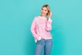 Photo of charming sweet lady wear pink pullover smiling empty space isolated turquoise color background