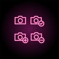 Photo, check, plus, minus sign neon icon. Simple thin line, outline vector of web icons for ui and ux, website or mobile