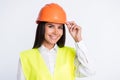 Photo of cheerful builder lady look camera beaming shiny smile wear helmet shirt vest isolated white color background