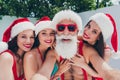 Photo of cheerful company have fun shoot record video beach party recreation spa-hotel xmas outdoors Royalty Free Stock Photo