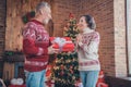 Photo of cheerful couple husband give present thankful wife wear deer print pullover in decorated home indoors