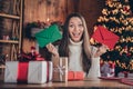 Photo of cheerful crazy funky pretty lady hold two envelop letter sit table omg reaction in decorated home indoors