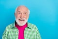 Photo of cheerful dreamy positive old man look empty space good idea smile isolated on pastel blue color background Royalty Free Stock Photo