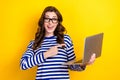 Photo of cheerful excited funny woman indicate finger laptop surprised cheap prices new amazon black friday sale