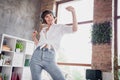 Photo Of Cheerful Happy Young Funky Woman Dance Good Mood Head Headphones Music Indoor Inside House Home