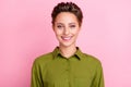 Photo of cheerful lovely lady shiny white smile posing wear green shirt isolated pink color background