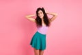 Photo of cheerful nice cute confident girlfriend posing in front of camera isolated with pink background