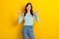 Photo of cheerful optimist friendly peaceful young girl wear striped white shirt show v-sign fingers hello symbol