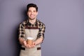 Photo of cheerful positive handsome man proposing you to taste coffee from disposable cup smile toothy sctretching hands Royalty Free Stock Photo