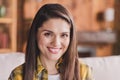 Photo of cheerful positive nice lovely cute lady toothy beaming smile wear checkered shirt home indoors