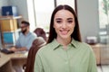 Photo of cheerful smiling colleagues formalwear enjoying work indoors workplace workshop