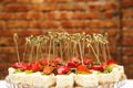 Cheese and chocolate cheesecakes with strawberries on a brick wall background