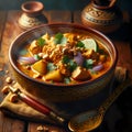A photo of chicken Massaman curry with potatoes in a bowl