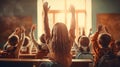 Photo of children participating in a classroom discussion, raising their hands to ask or answer questions Royalty Free Stock Photo