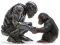 A photo of a chimp dancing with a silver cyborg on a clean white background, featuring two healthy brown monkeys interacting with Royalty Free Stock Photo