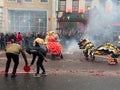 Chinese Lions and Firecrackers at the Festival in January Royalty Free Stock Photo