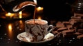 Intense And Dramatic Chocolate Pouring Into Hot Cup With Candles