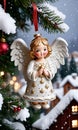 Photo Of Christmas Angel Ornament Looking Over A Snowy Village. Generative AI Royalty Free Stock Photo