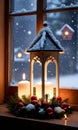 Photo Of Christmas Candlelit Window With A View Of A Snowy Birdhous. Generative AI